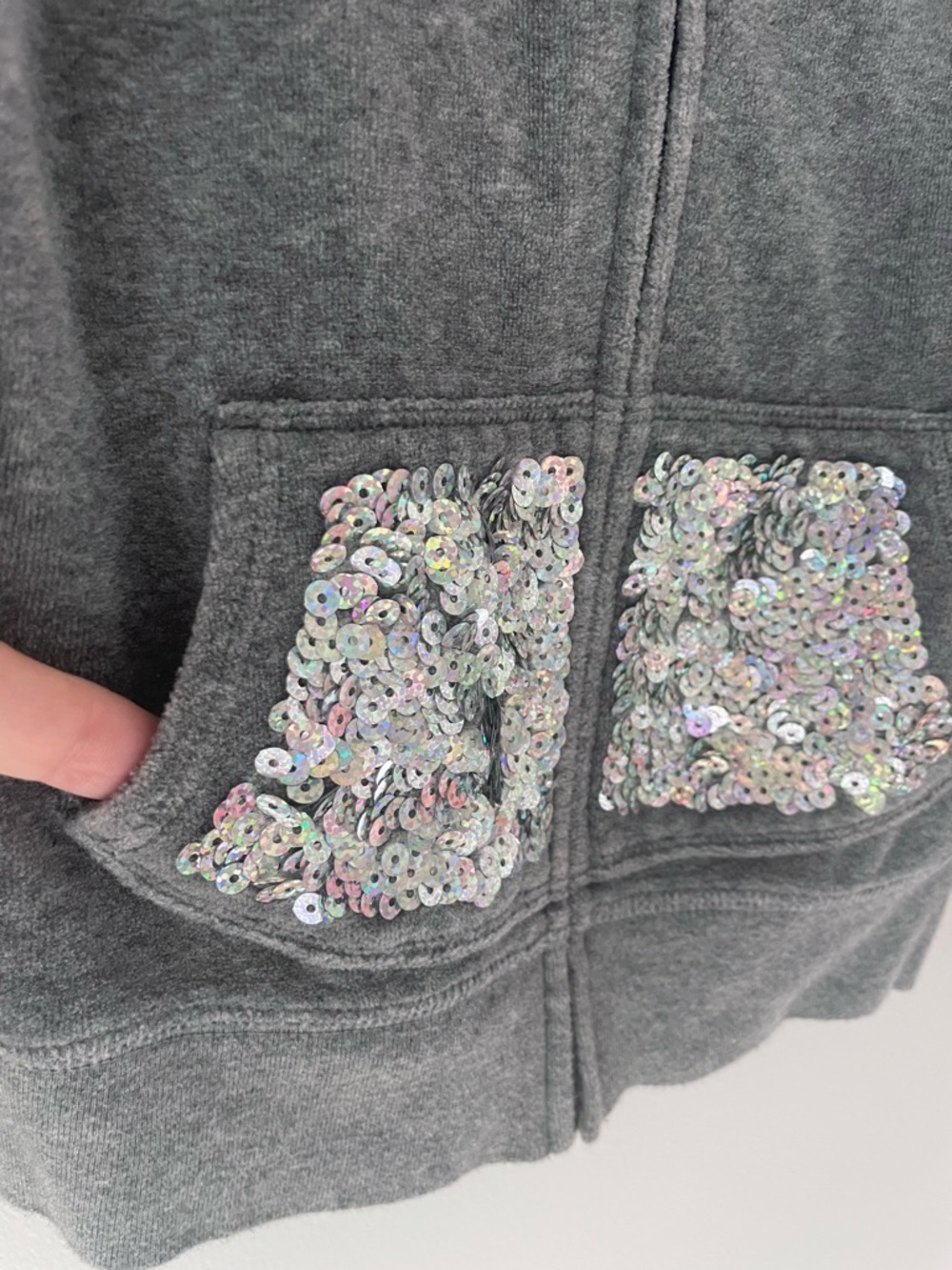 Sequin 3D Bear Ears Hoodie! Sequins on Ears, Pockets & Sleeves, Soft Gray Velour - Picture 8 of 14